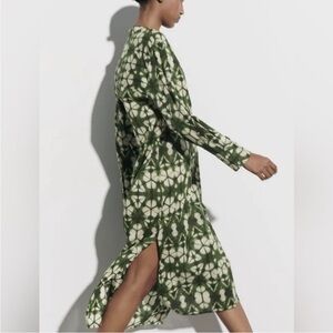 Zara Green Tie Dye Printed Button Front Midi Maxi Tunic Dress Sz Small C…